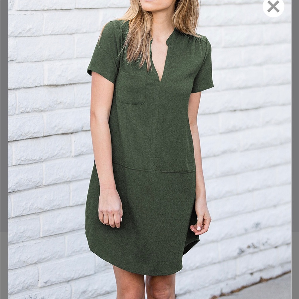 AMARYLLIS OLIVE V NECK SHIRT DRESS